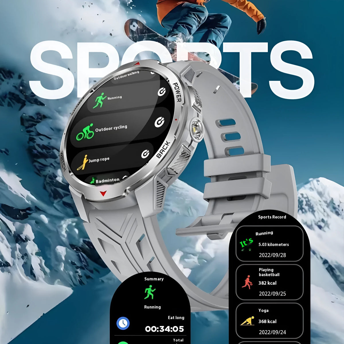 Smart watch with Bluetooth calling, heart rate and blood oxygen monitor, flashlight, TFT screen, black or silver, silicone strap