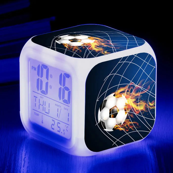 Football pattern square alarm clock with cartoon design for children's bedrooms