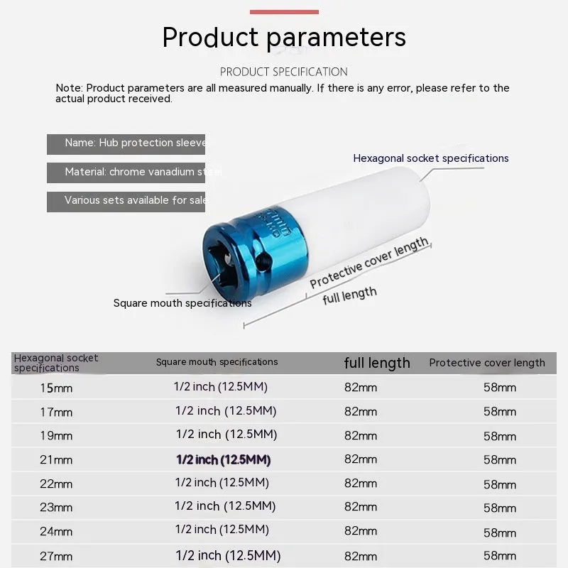 45# steel hexagon socket for pneumatic wrench in 17mm, 19mm, 21mm, and 22mm sizes.