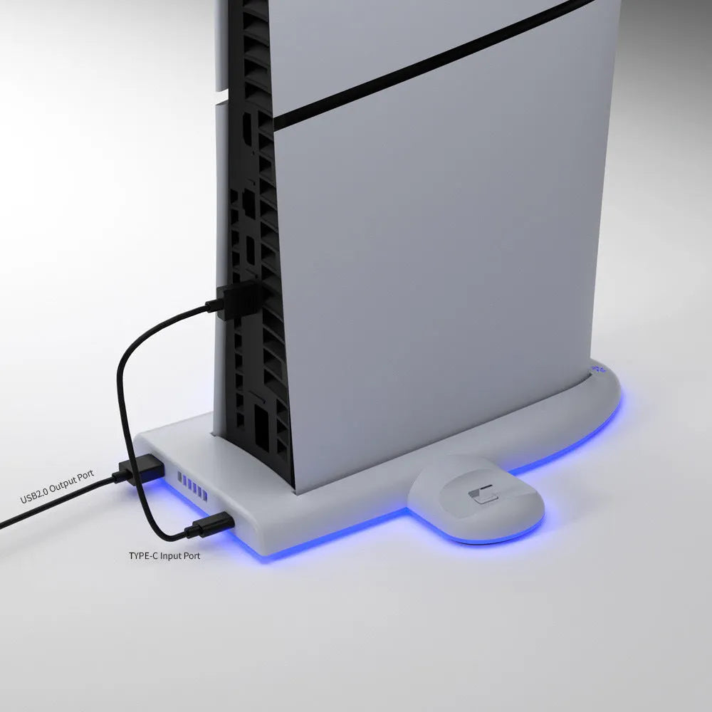 PS5 Slim multi-function cooler pad showing 29x22.8cm cooling surface with RGB lighting and charging station
