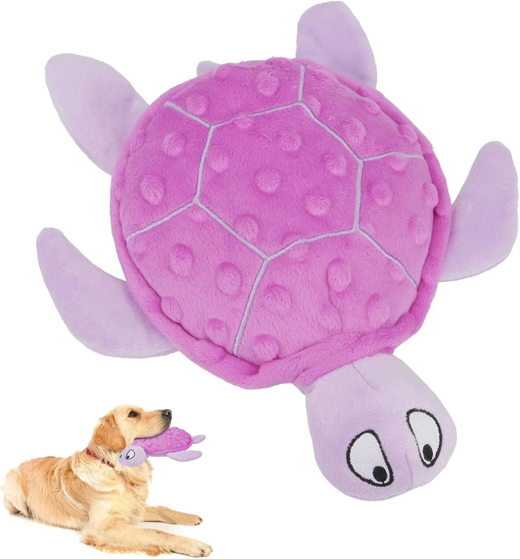 Blue squeaky sea turtle plush dog toy with composite mesh material, size 25x20x5cm
