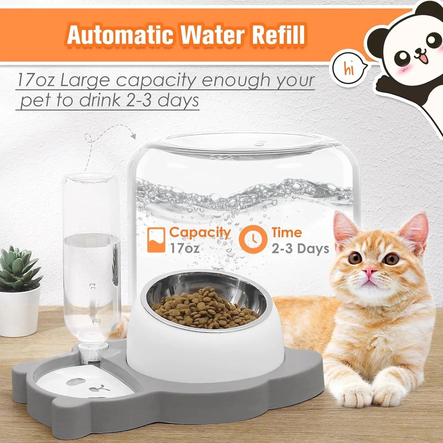 Elevated pet bowls set in panda shape with 15° tilt and automatic water dispenser for cats and small dogs