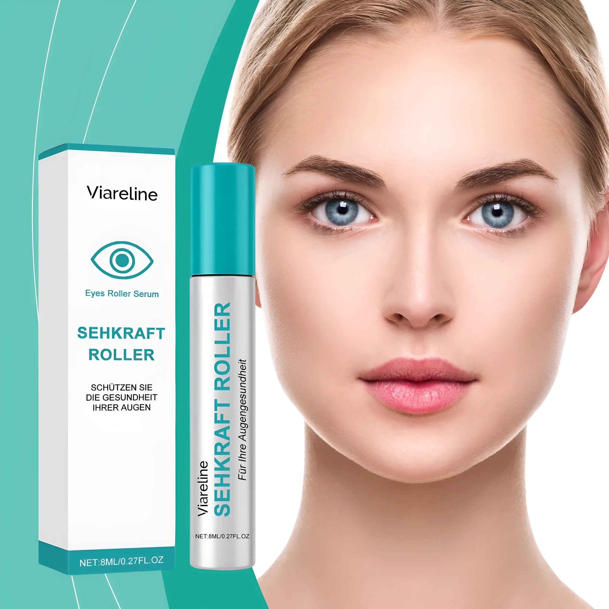 8ml bottle of clear eye care gel for mild massage and hydration around the eyes.