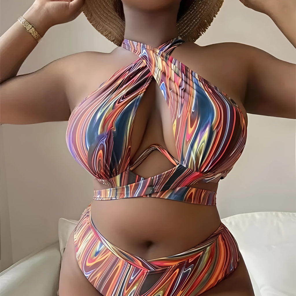 Women's floral print high waist bikini swimsuit on a hanger