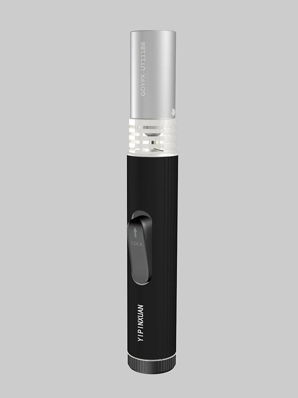 Black portable metal flamethrower with child safety lock for outdoor use