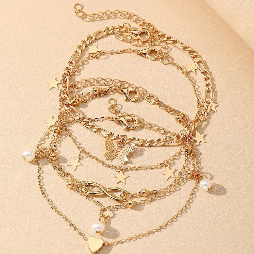 Butterfly pearl heart anklet 4-piece set for women in simple alloy design