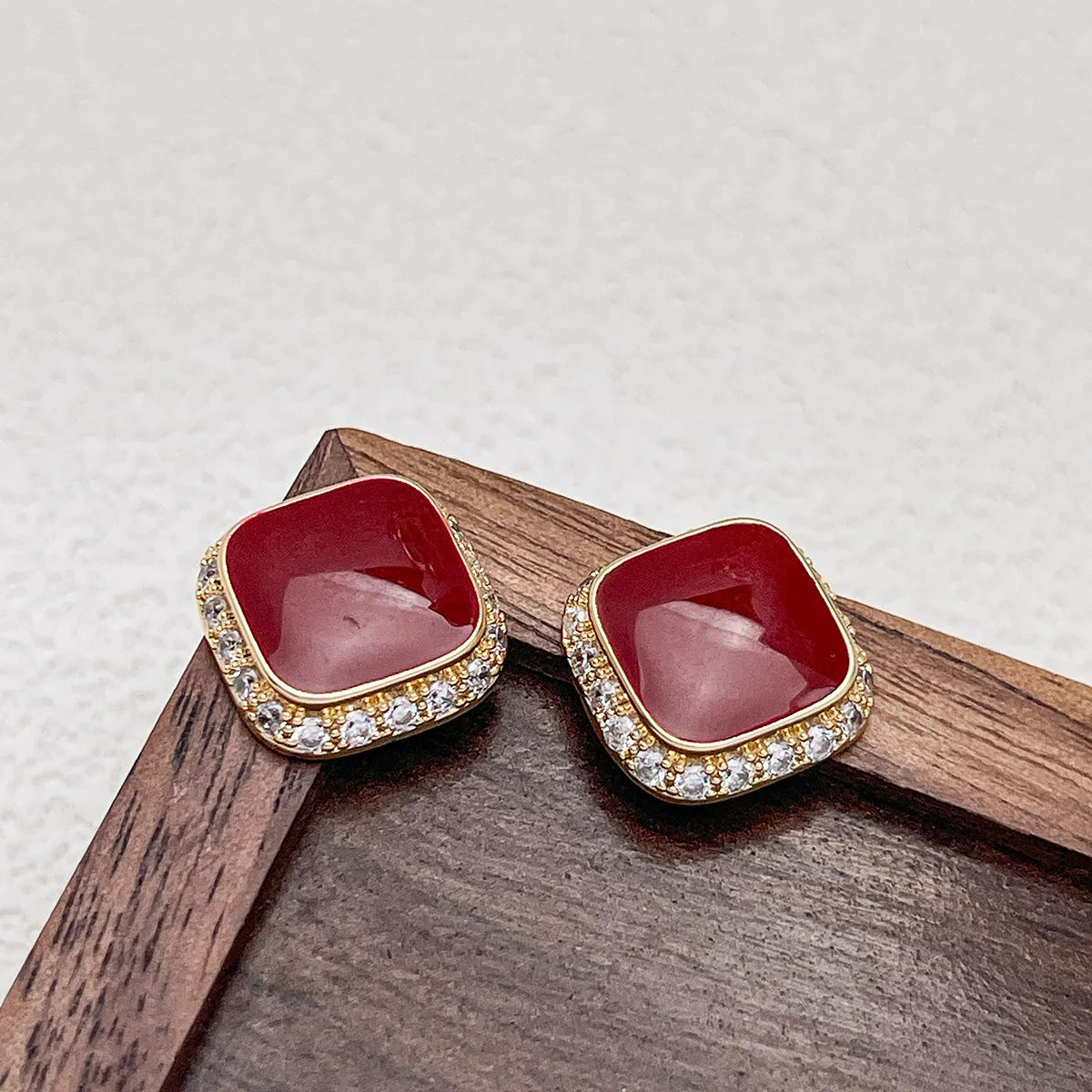Retro red geometric square plate earrings with alloy construction and inlaid design