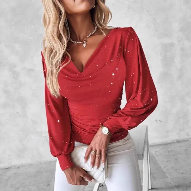 Women's red polyester top with draped neck, flared long sleeves, sequins, slim fit pullover, sizes S-XXL