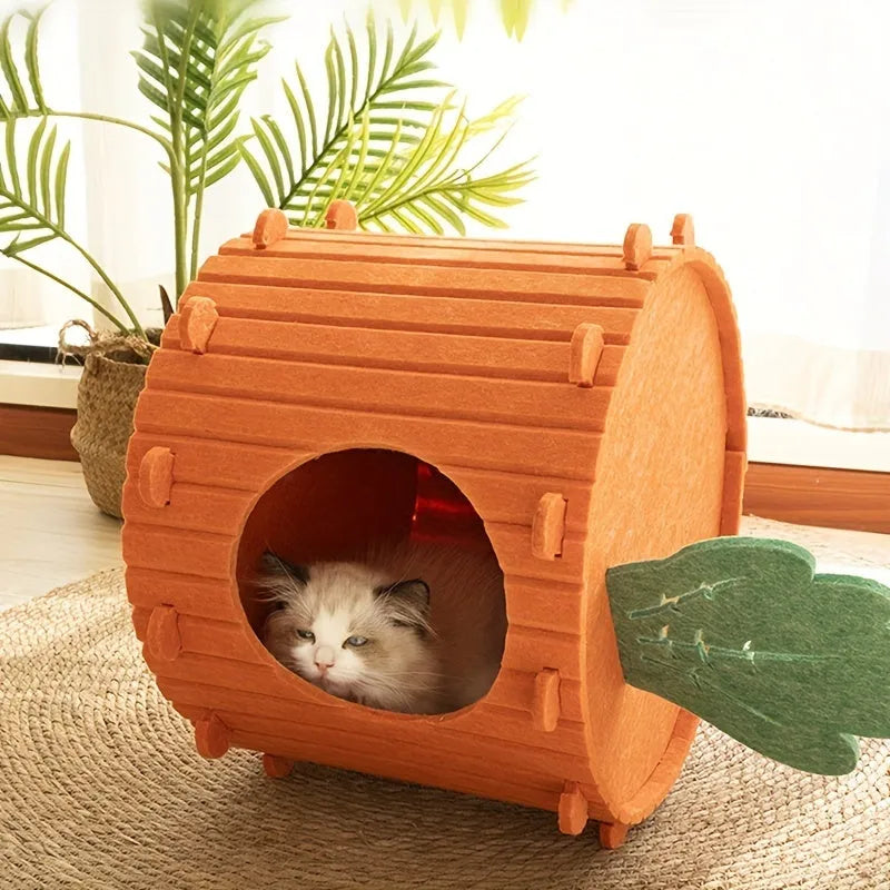 Orange carrot-shaped felt cat nest tunnel with a semi-enclosed opening, shown next to a measuring tape indicating 40cm length.