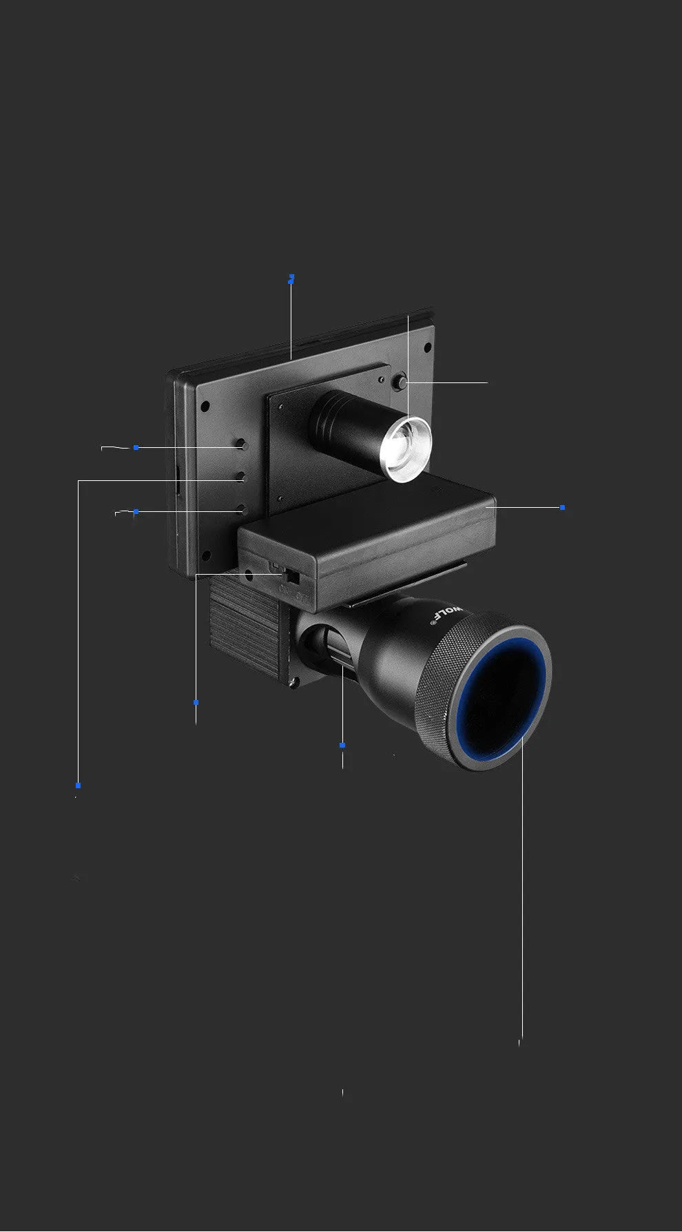 Black digital night vision monocular with 4.3-inch screen, shown with two 18650 batteries.