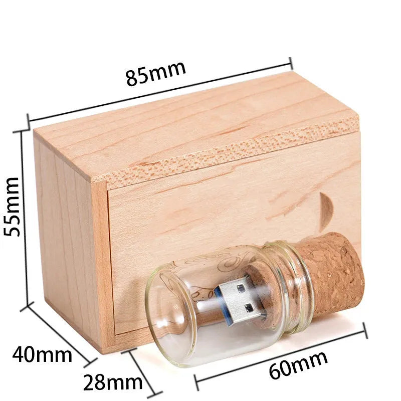 Chocolate brown wooden USB storage disk with personalised lettering, measuring 8.5cm by 5.6cm by 4.4cm