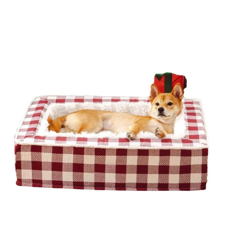Classic plaid dog kennel mat with removable cloth cover in red, blue, black, or brown.