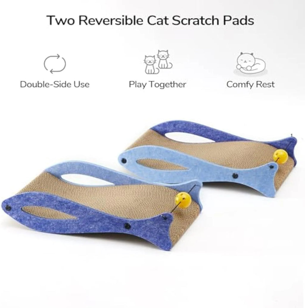 Blue fish-shaped cat scratcher with bell ball toy on elastic cord, dimensions 46x25x10cm