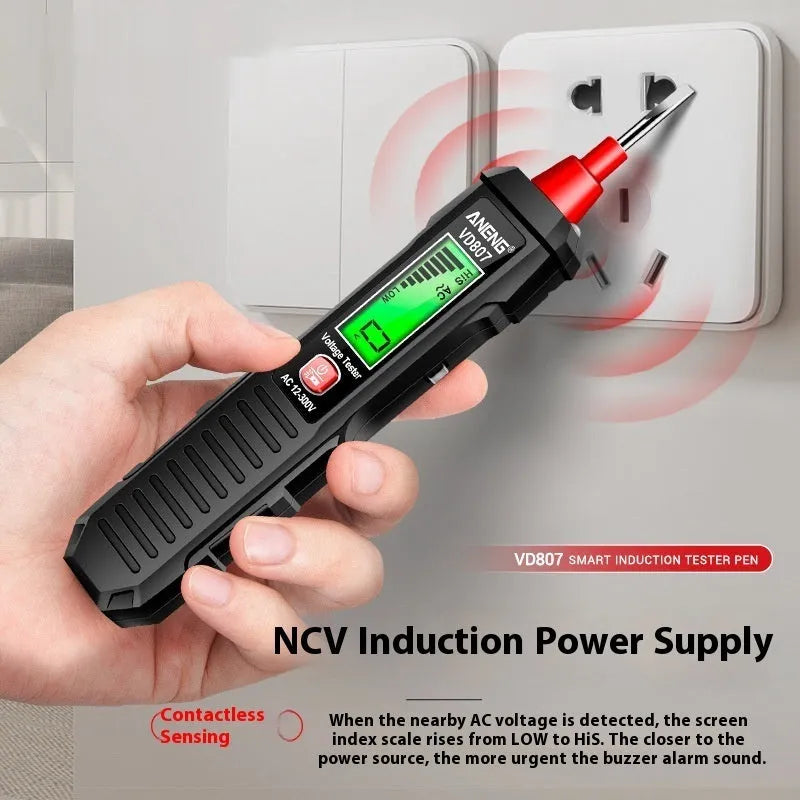 Digital voltage tester pen with LCD display showing voltage reading, black and red plastic housing