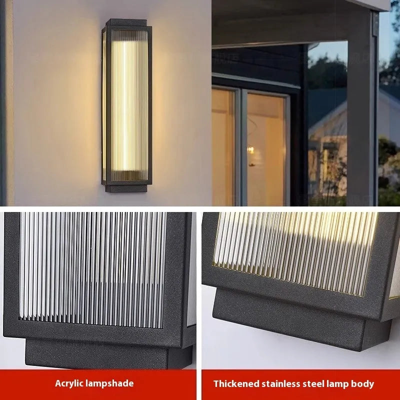 Stainless steel waterproof outdoor wall lamp shown in multiple available sizes.