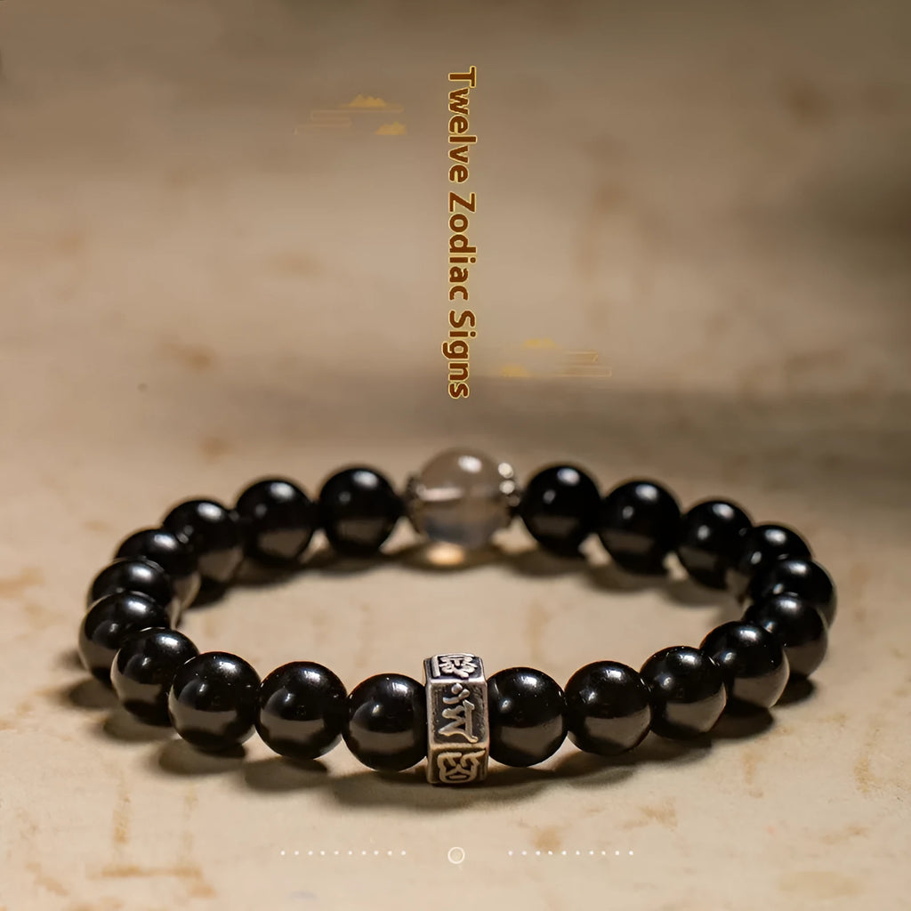 8mm obsidian zodiac bracelet with Buddhist statue beads and animal charms