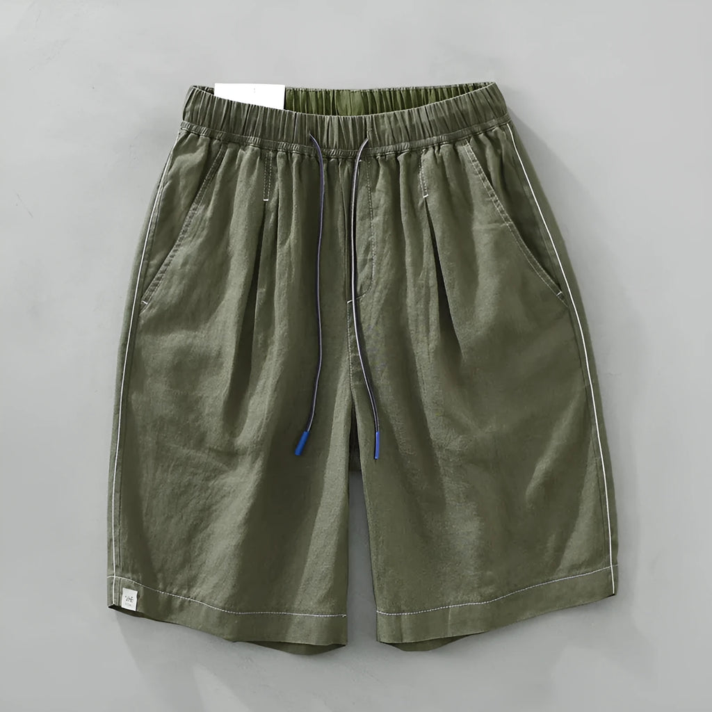 Men's loose straight linen shorts in black or green with drawstring waist