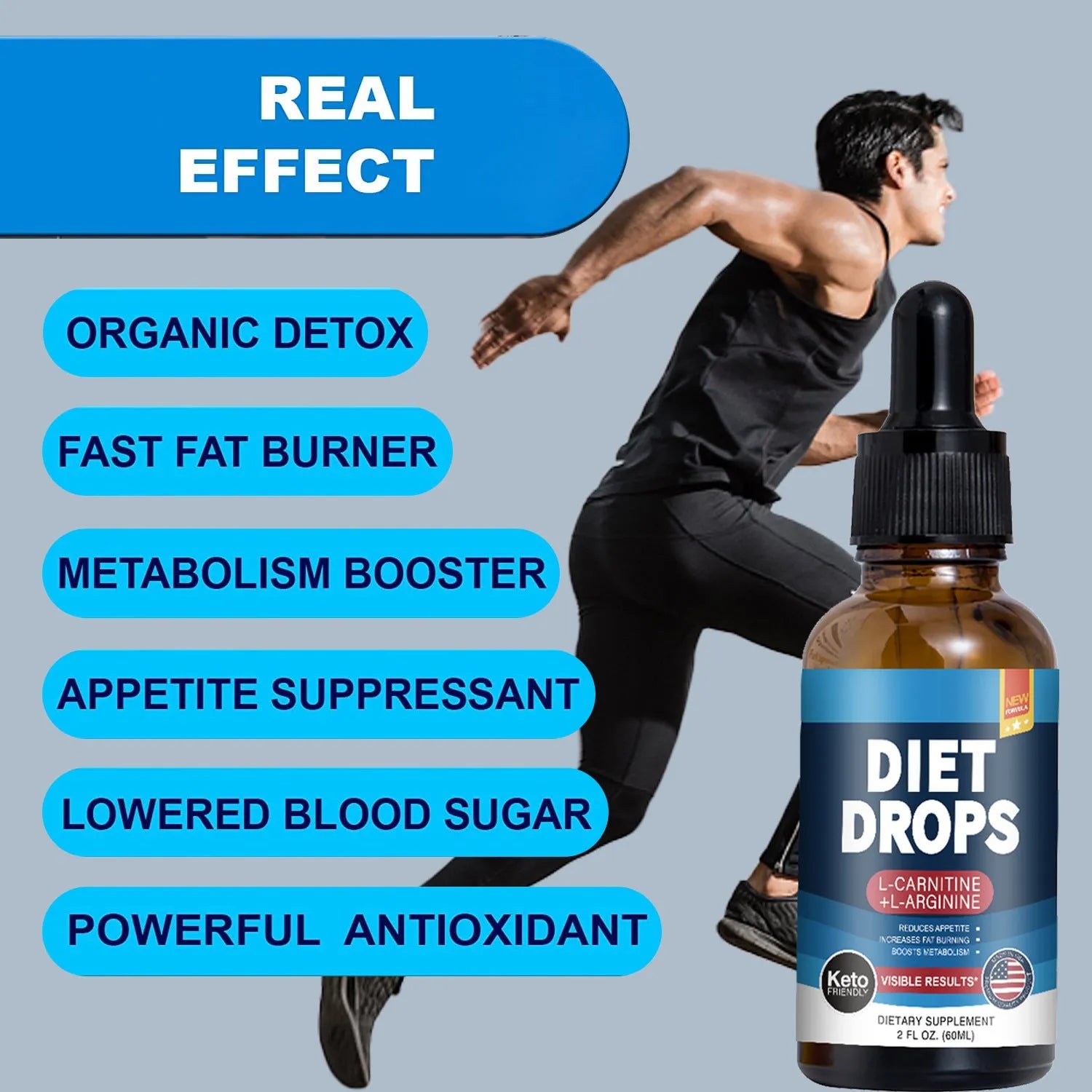 60ml glass bottle of ketone drops dietary supplement on a table