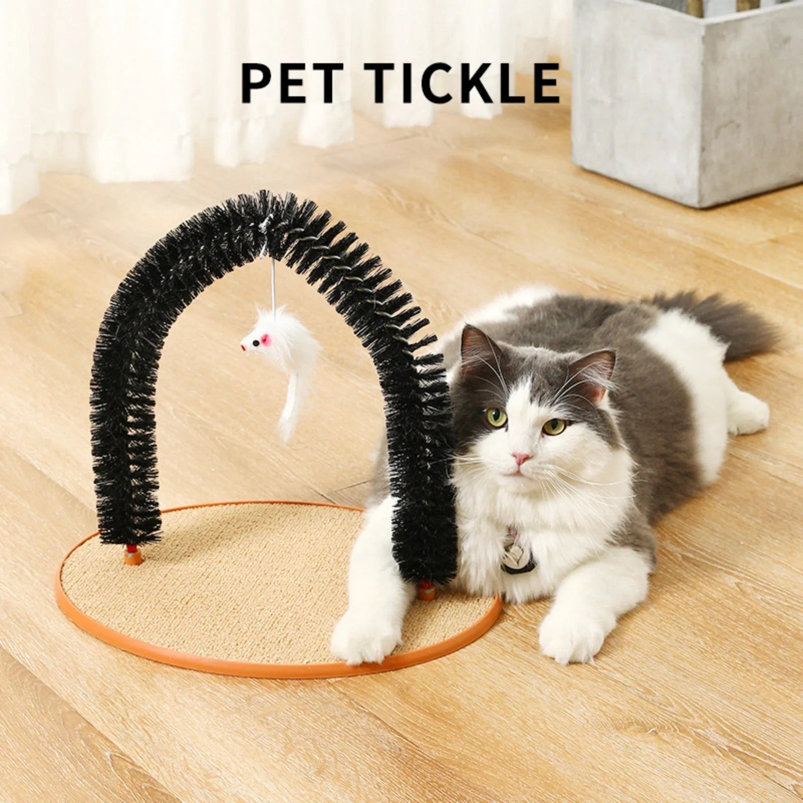 Black arch-shaped cat scratching brush with mouse toy attachment on non-slip base