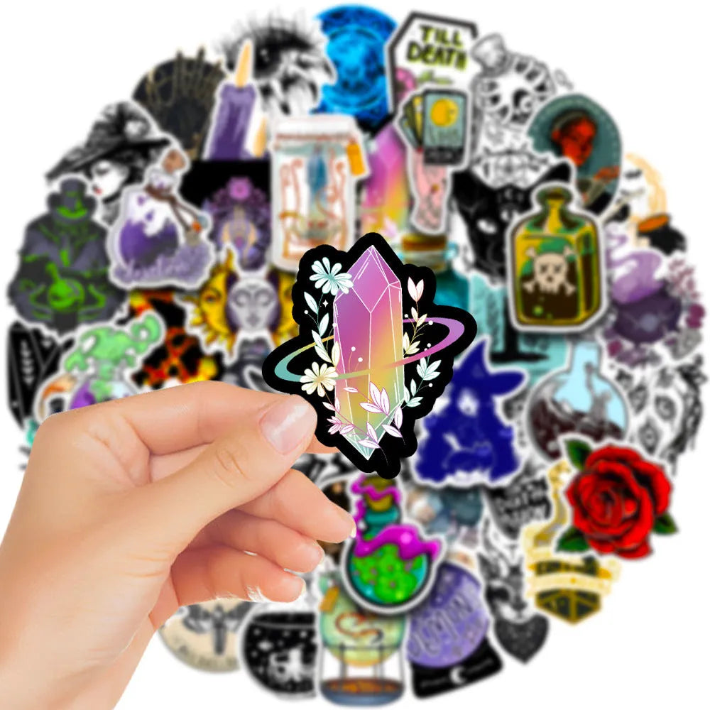 50 waterproof PVC stickers with glossy finish for laptops and skateboards, 3-8cm size range