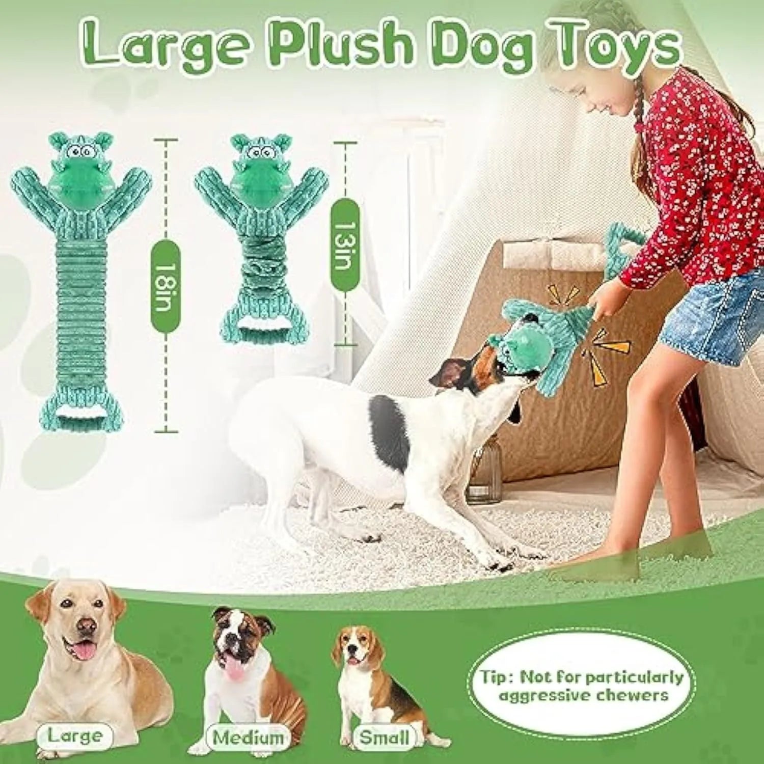 Large plush dog toy with squeaker and crinkle paper, measuring 32cm by 20cm by 10cm, for tug-of-war play