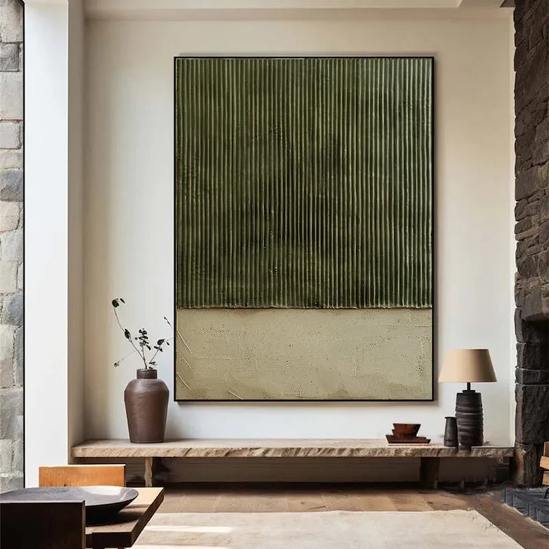 Large hand-painted green textured abstract oil painting on canvas, vertical one-panel wall art for living room and bedroom, no frame