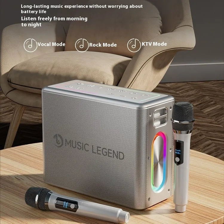 100W outdoor karaoke Bluetooth audio system with microphone, sound card, and lithium battery in black or silver
