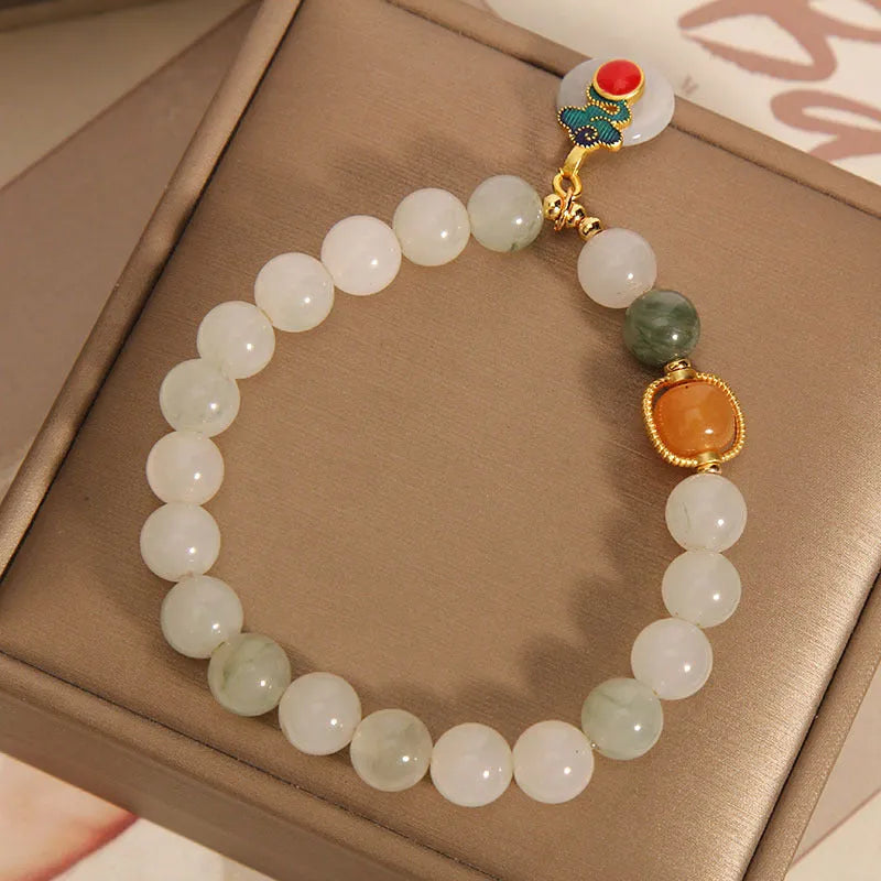 Ice Jade Crystal Bracelet for women with pearl accents and Xiangyun jade buckle in retro style
