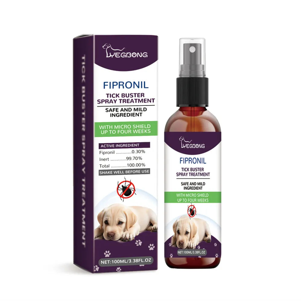 Pet pest spray bottle with 100ml capacity, measuring 3.7cm by 14.5cm, featuring mild ingredients like fipronil and natural extracts