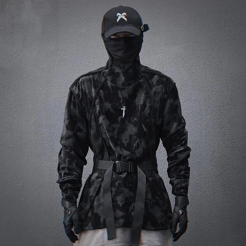 Men's black tie-dye printed finger turtleneck sweater with drop-shoulder sleeves, loose casual fit