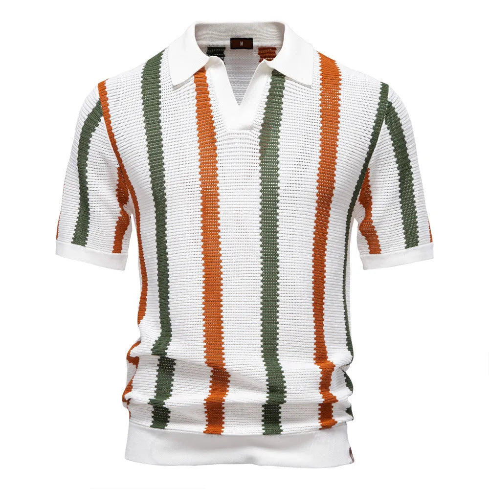 Men's striped mosaic polo shirt sweater in breathable hollow fabric available in four colours