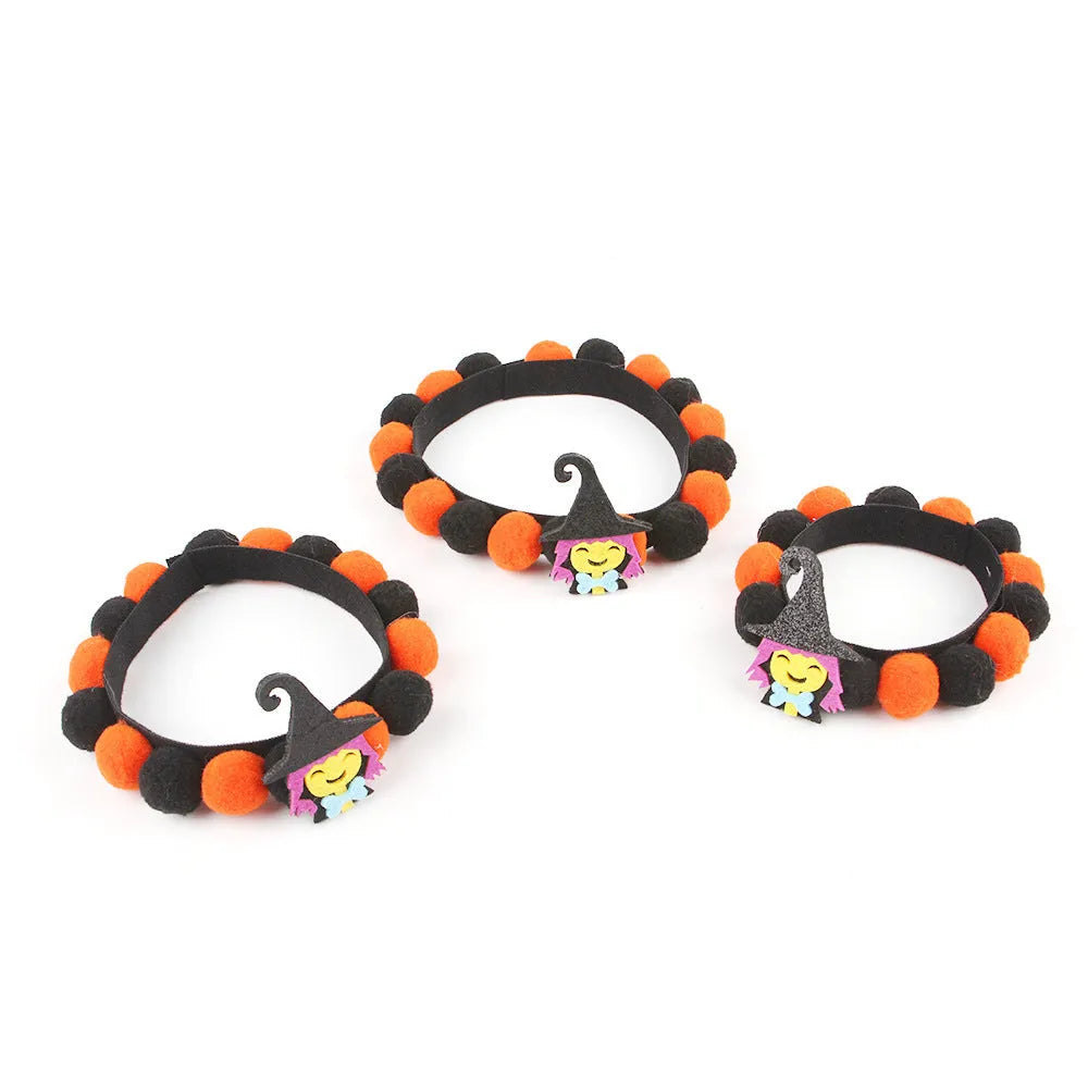 Halloween pet collar with fur ball decoration showing pumpkin pirate and witch design options