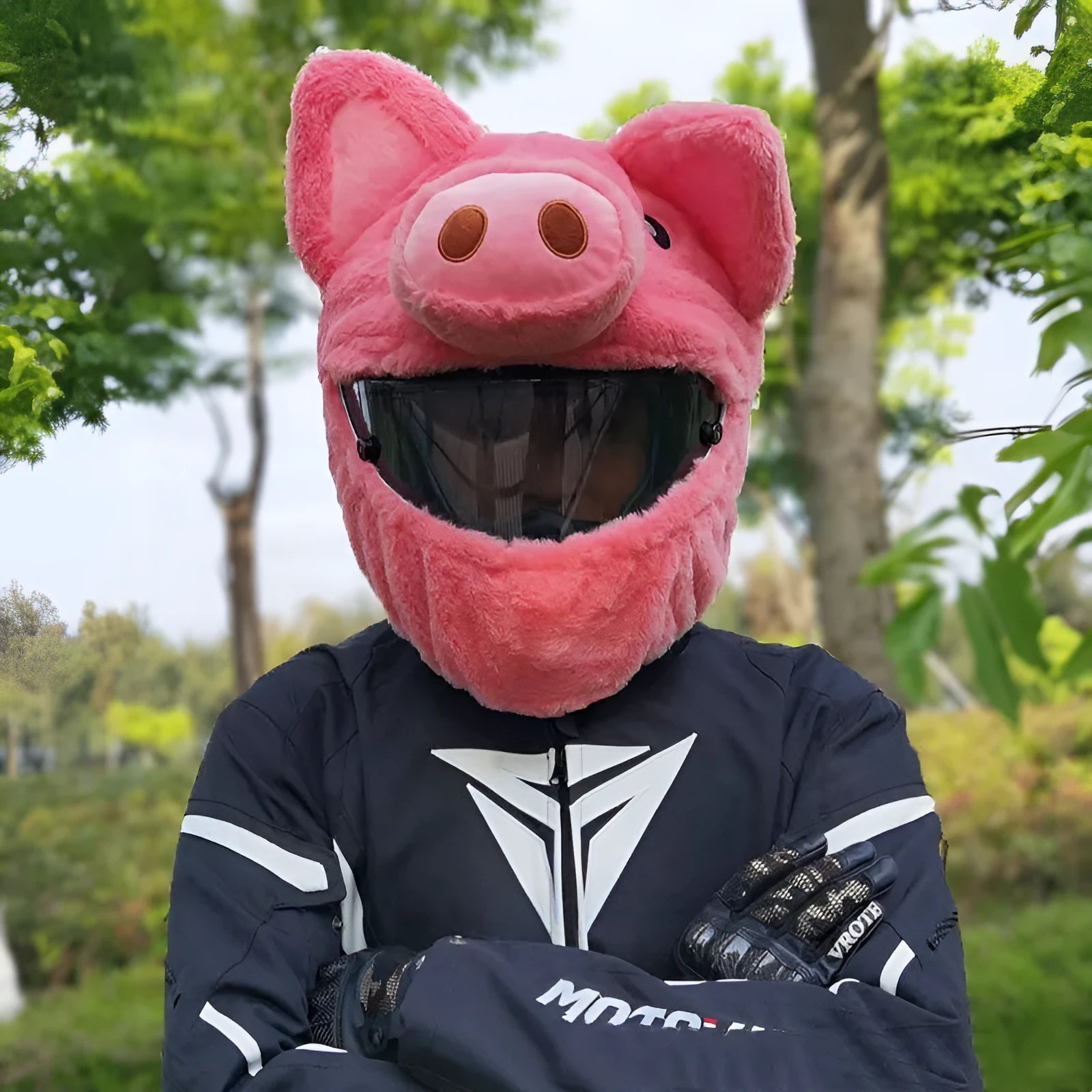 Pink pig cartoon design plush hood for covering a motorcycle helmet