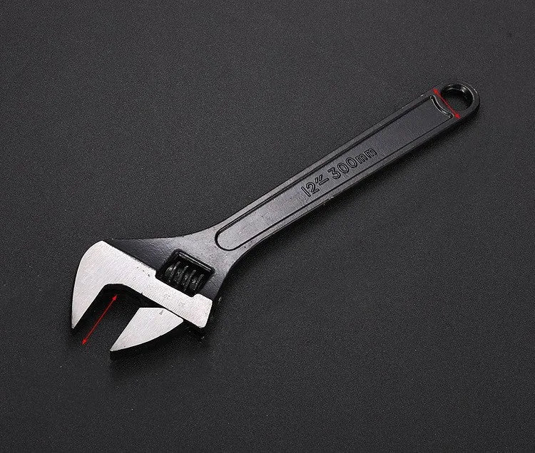 Stainless steel adjustable wrench with blackening treatment, ergonomic handle, and adjustable jaw for bolts up to 49mm