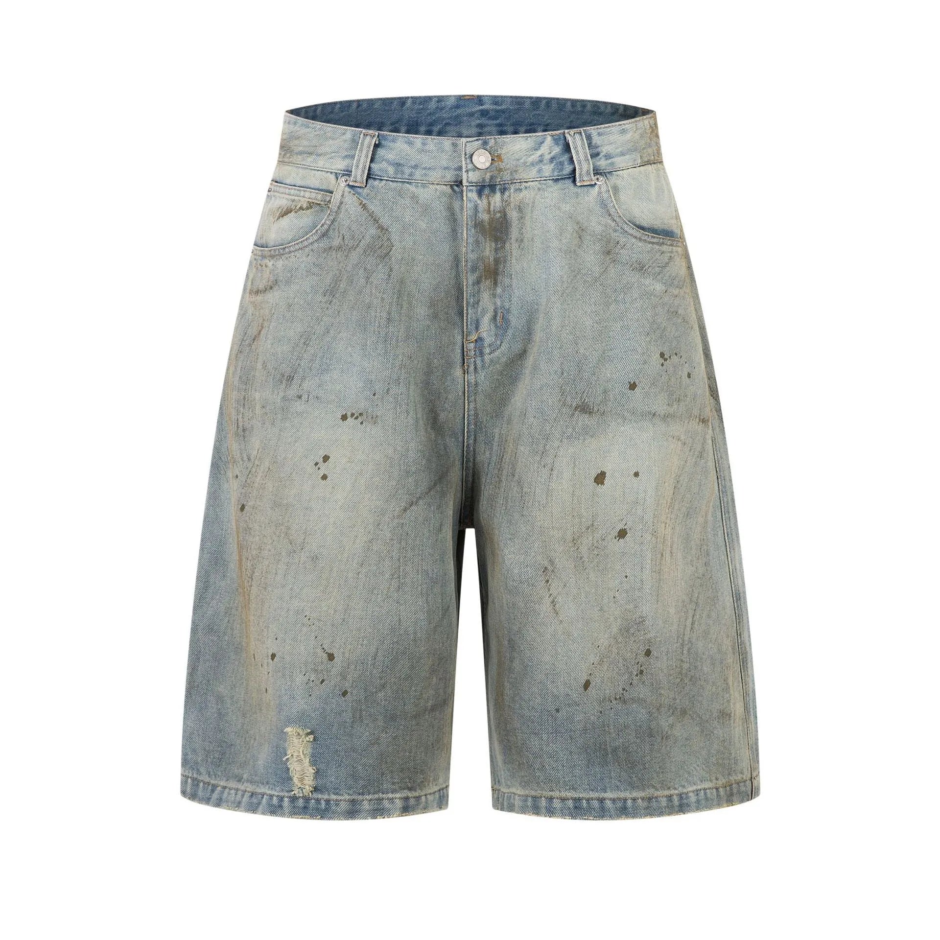Blue cropped denim middle pants with straight leg design and zipper fly closure on street fashion model