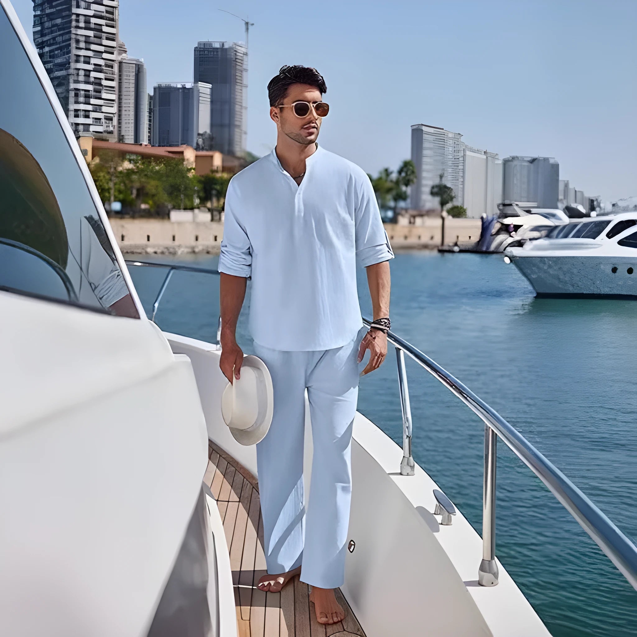 Men's casual cotton suit set with long sleeves and trousers in solid colour options