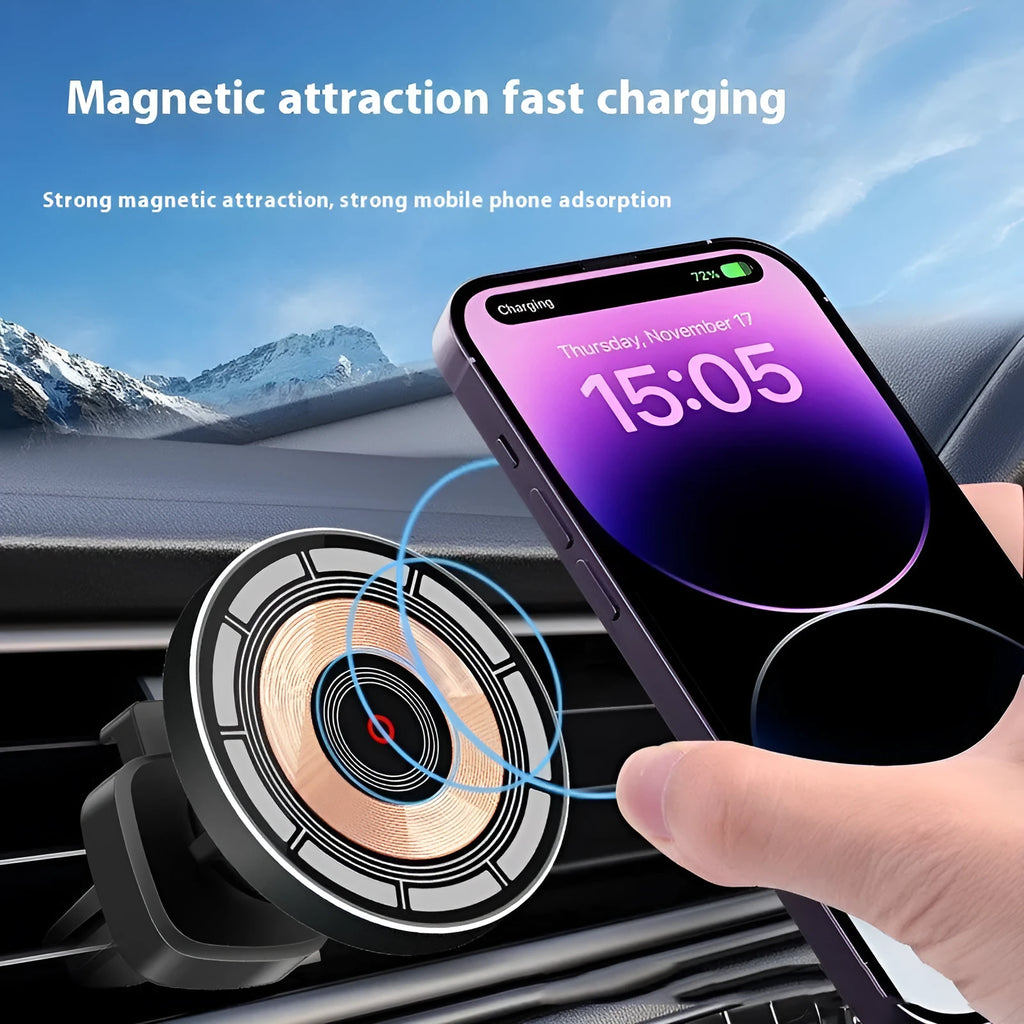Black car magnetic wireless charger support in aluminium alloy and ABS with USB-C input and 76 x 60 x 60mm bare metal size