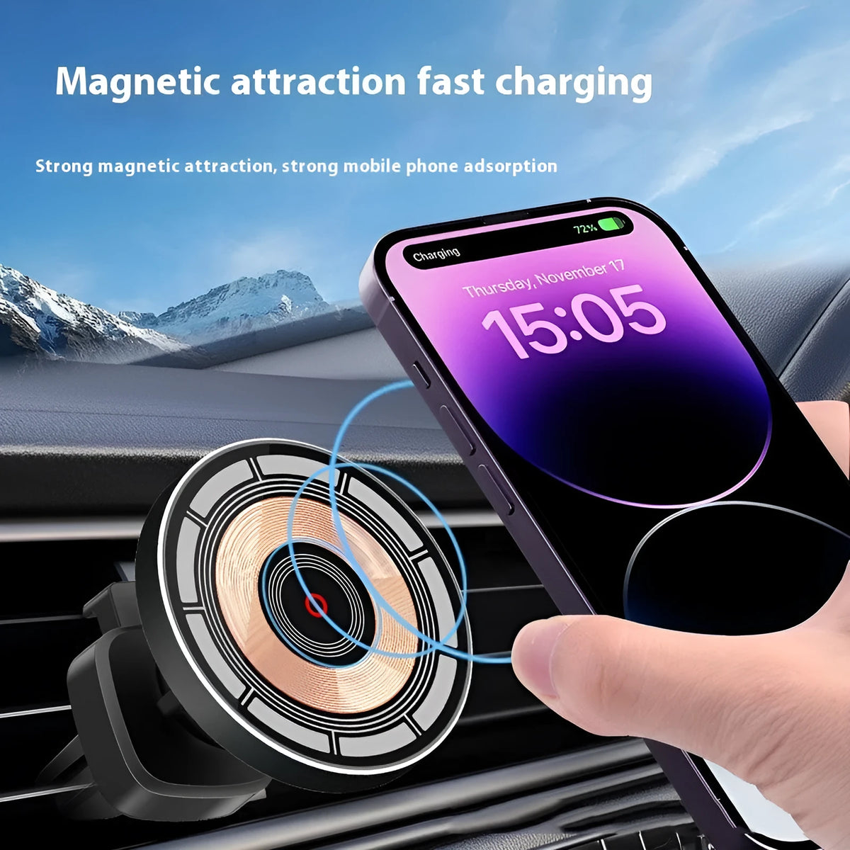 Black car magnetic wireless charger support in aluminium alloy and ABS with USB-C input and 76 x 60 x 60mm bare metal size
