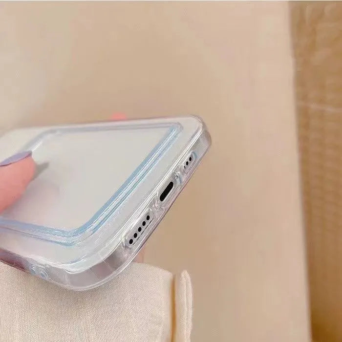 Clear transparent iPhone case with a card slot on the back, shown on an iPhone.