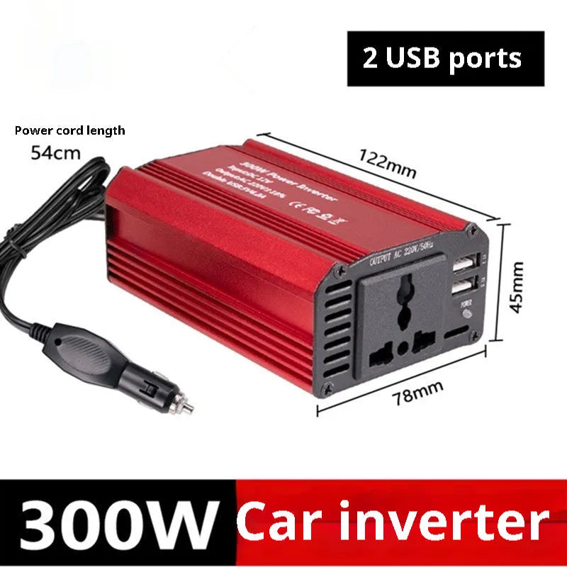 300W car inverter, 12V to 110V, dual USB ports, alloy body, 125 x 80 x 46mm, red or black