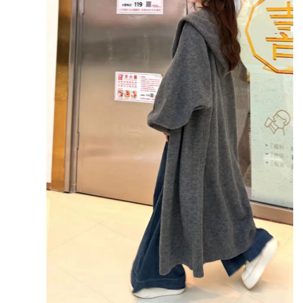 Korean style hooded long knitted cardigan for women in free size with below the knee length