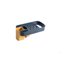 Blue adjustable sink shelf with sponge and brush storage mounted on kitchen faucet