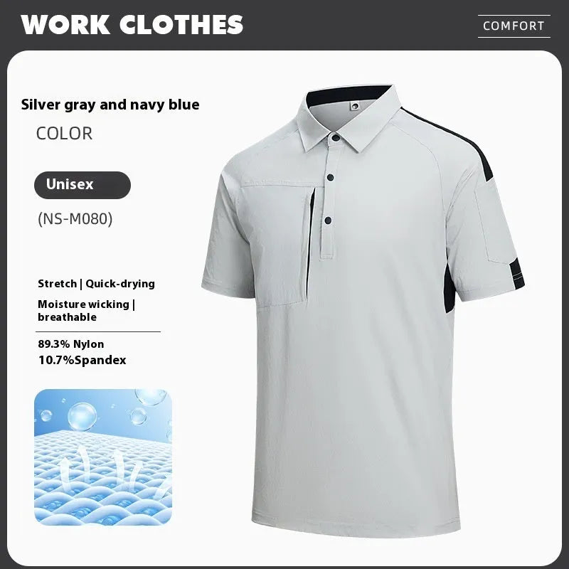 Men's loose fit nylon T-shirt with a stand collar and contrasting colour stitch details.