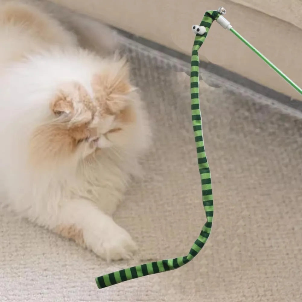 Cat wand toy with polycarbonate pole and plush strip in green, orange or rainbow colours for interactive feline play