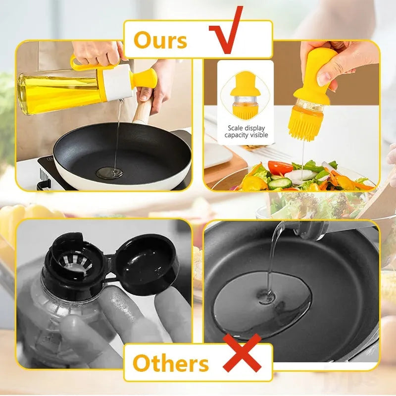 Yellow, green, and brown 550ml glass oil dispenser with silicone brush and stainless steel nozzle.