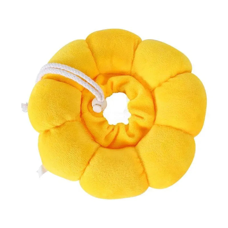 Soft cotton pet recovery collar with sunflower print, shown on a cat, featuring an adjustable band.