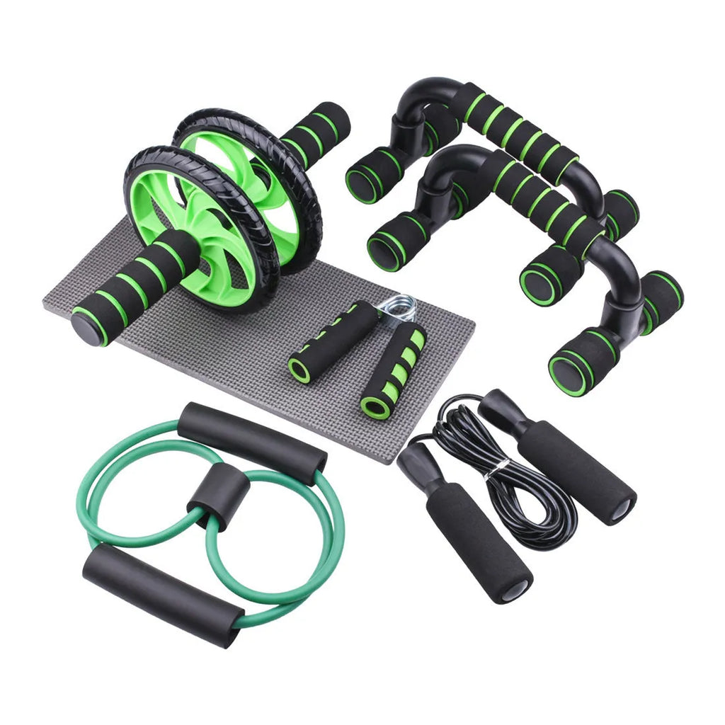 Set of seven abdominal wheels in red, green, black, and blue colours with a push-up bracket for indoor fitness.