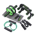Set of seven abdominal wheels in red, green, black, and blue colours with a push-up bracket for indoor fitness.