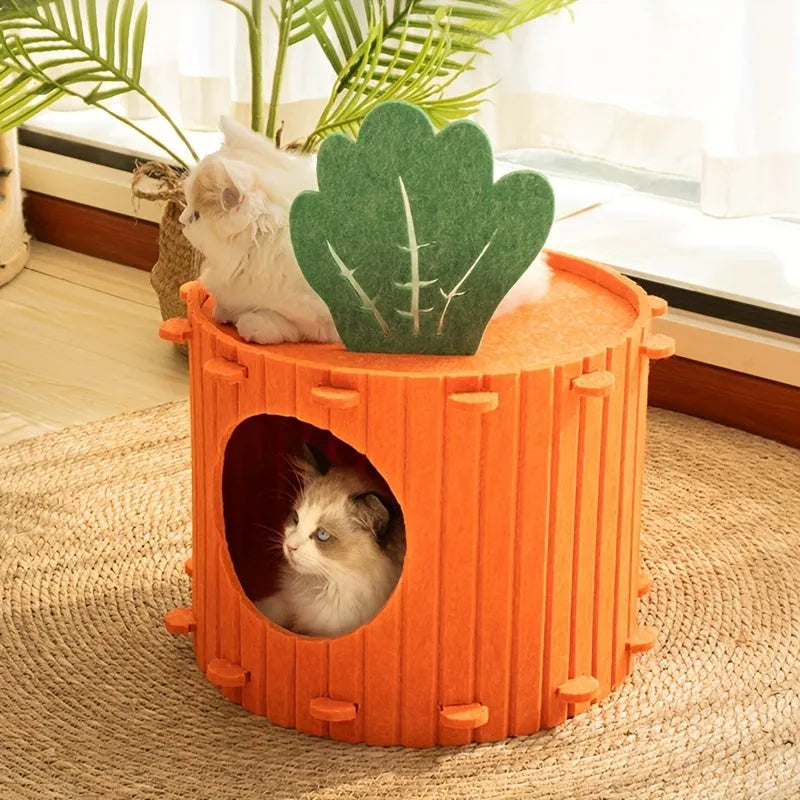 Orange carrot-shaped felt cat nest tunnel with a semi-enclosed opening, shown next to a measuring tape indicating 40cm length.