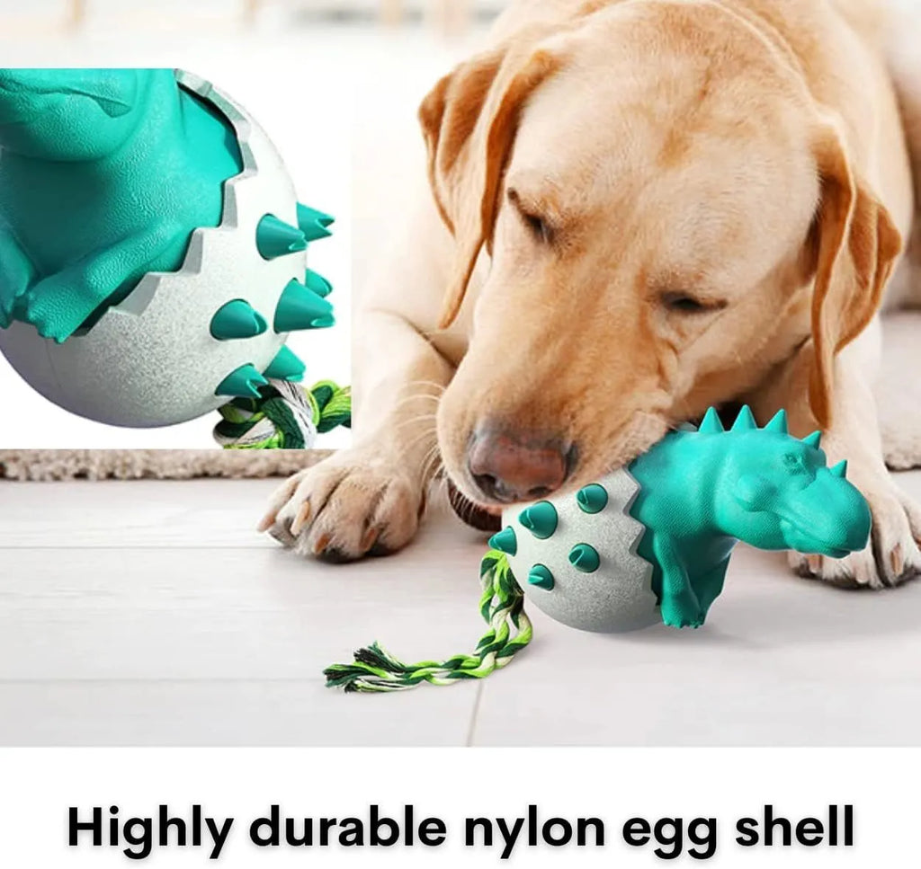Blue dinosaur-shaped dog chew toy with interactive rope, nubs for dental cleaning, size 129x97x82.5mm